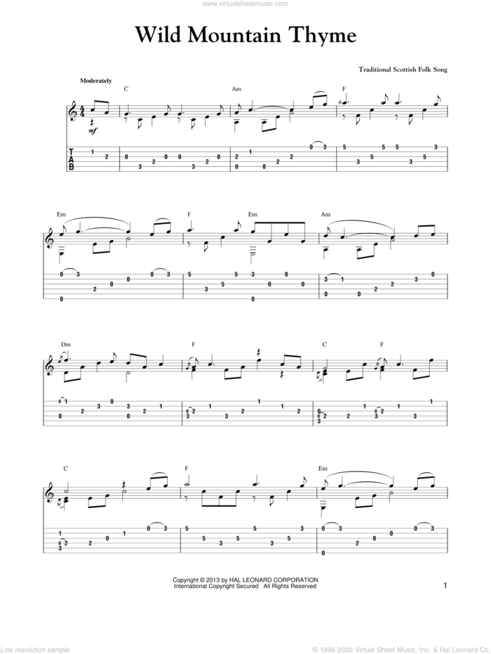 Wild Mountain Thyme (arr. Mark Phillips) sheet music for guitar solo (easy tablature) by Mark Phillips and Traditional Scottish Folk Song, easy guitar (easy tablature)
