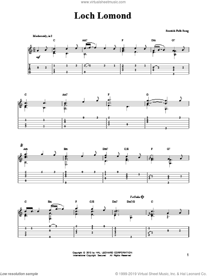 Loch Lomond (arr. Mark Phillips) sheet music for guitar solo (easy tablature) by Mark Phillips and Miscellaneous, easy guitar (easy tablature)