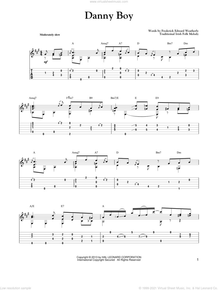 Danny Boy sheet music for guitar solo (easy tablature) by Mark Phillips, easy guitar (easy tablature)