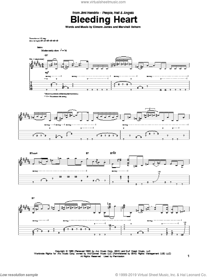 Bleeding Heart sheet music for guitar (tablature) by Jimi Hendrix, intermediate skill level