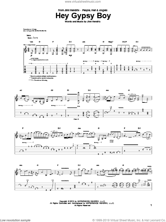 Hey Gypsy Boy sheet music for guitar (tablature) by Jimi Hendrix, intermediate skill level