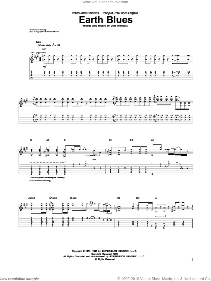Earth Blues sheet music for guitar (tablature) by Jimi Hendrix, intermediate skill level