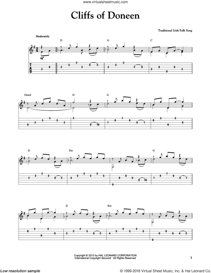 Cliffs Of Doneen (arr. Mark Phillips) sheet music for guitar solo (easy tablature) by Mark Phillips and Miscellaneous, easy guitar (easy tablature)