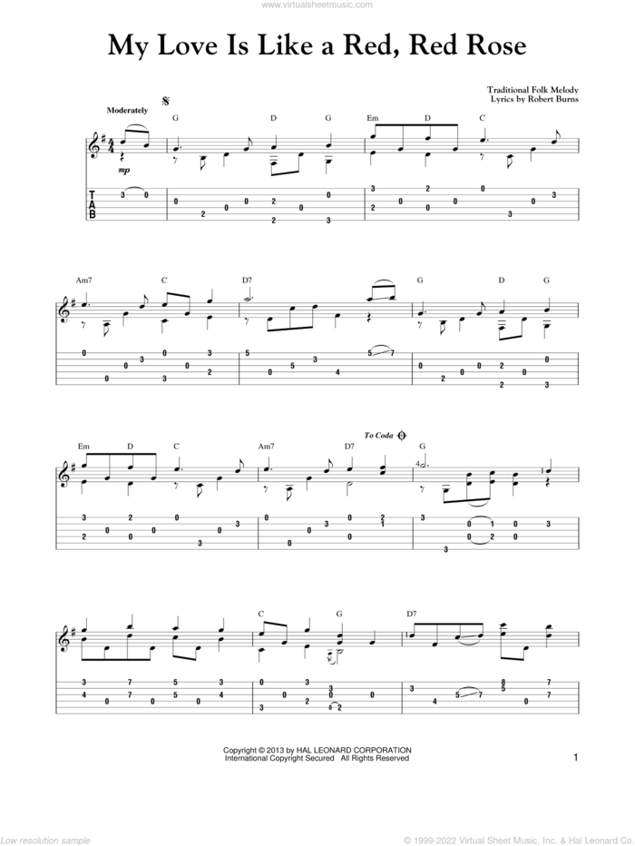 O My Love Is Like A Red, Red Rose (arr. Mark Phillips) sheet music for guitar solo (easy tablature) by Mark Phillips and Robert Burns, easy guitar (easy tablature)