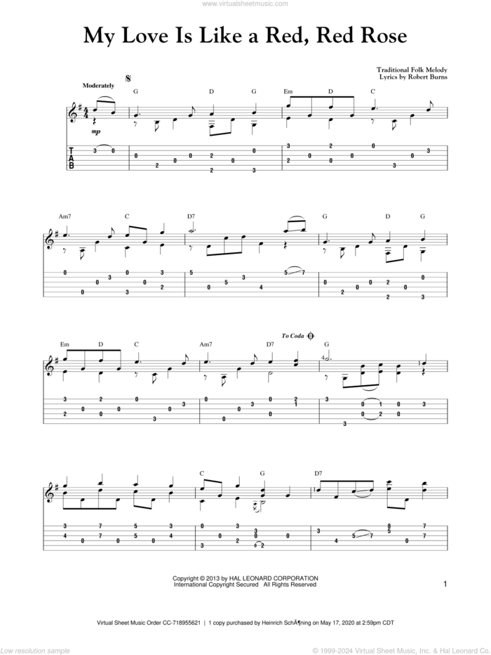 O My Love Is Like A Red, Red Rose (arr. Mark Phillips) sheet music for guitar solo (easy tablature) by Mark Phillips and Robert Burns, easy guitar (easy tablature)