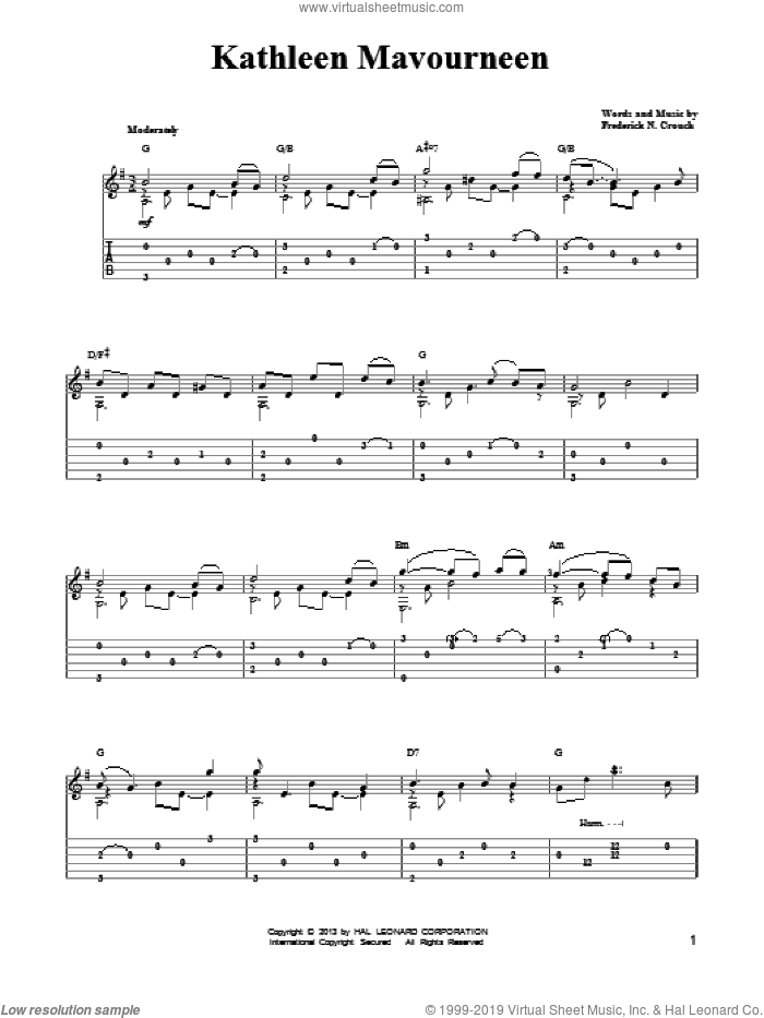 Kathleen Mavoureen (arr. Mark Phillips) sheet music for guitar solo (easy tablature) by Mark Phillips and Frederick N. Crouch, easy guitar (easy tablature)