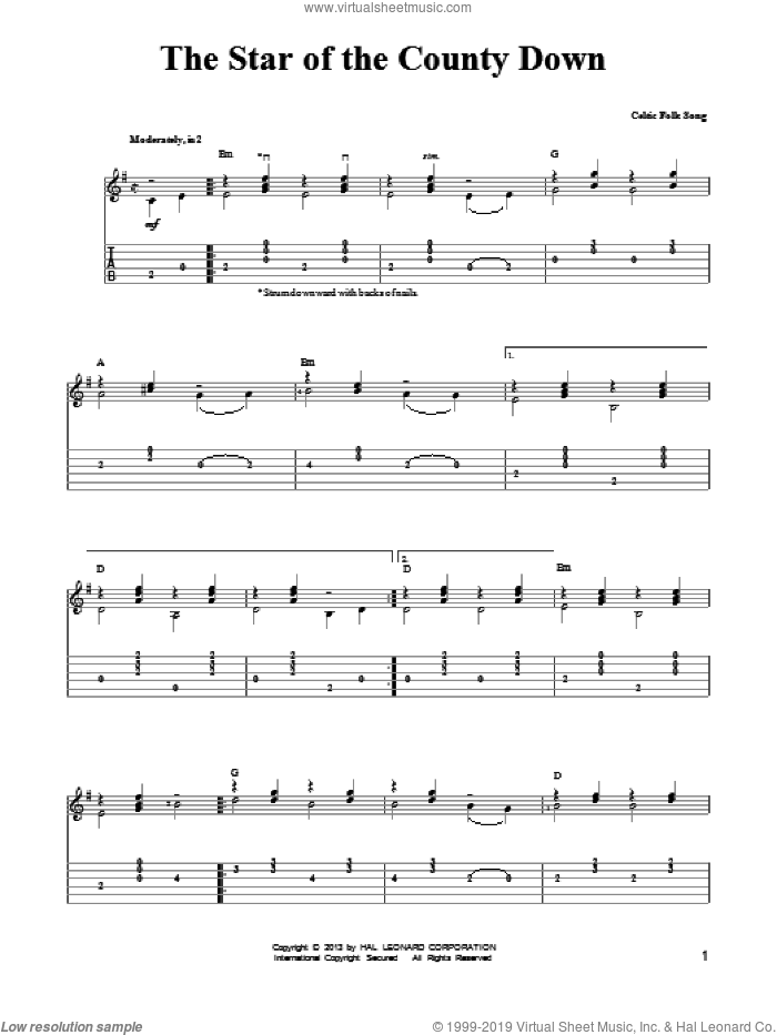 The Star Of The County Down sheet music for guitar solo (easy tablature) by Mark Phillips, easy guitar (easy tablature)