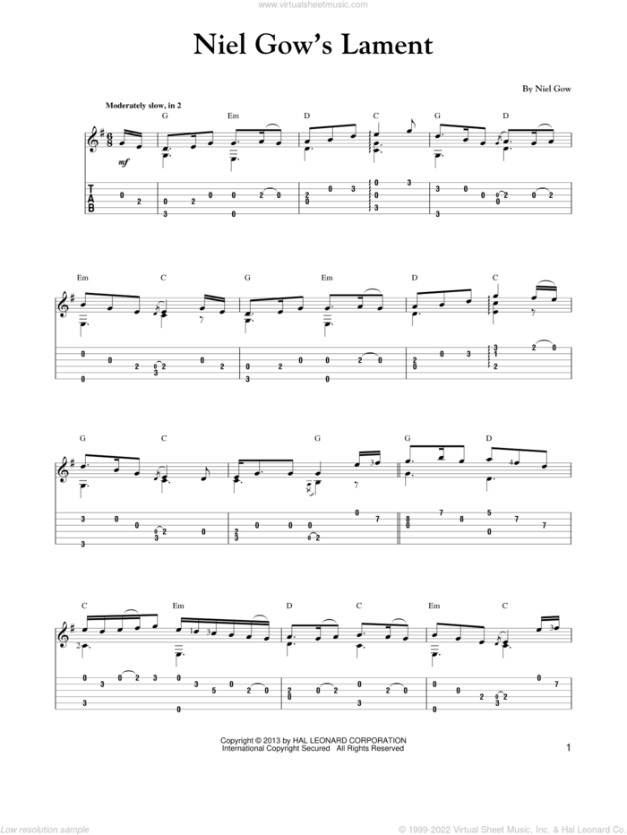 Phillips - Niel Gow's Lament sheet music for guitar solo (easy tablature)