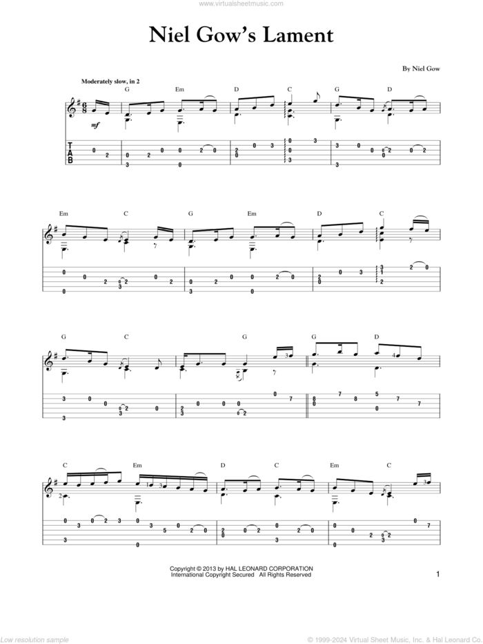 Niel Gow's Lament (arr. Mark Phillips) sheet music for guitar solo (easy tablature) by Mark Phillips and Niel Gow, easy guitar (easy tablature)