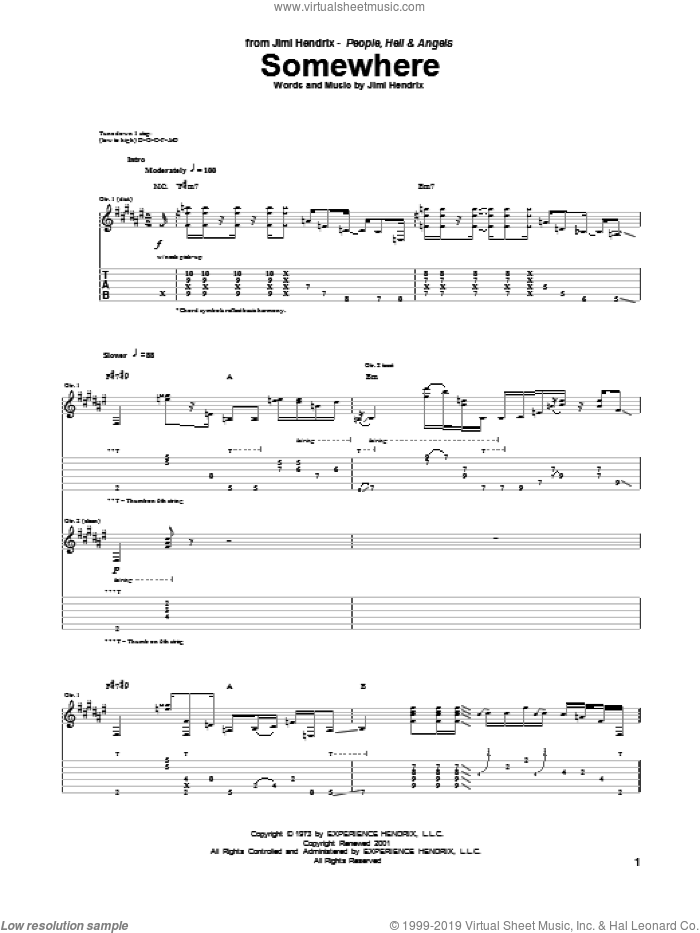 Somewhere sheet music for guitar (tablature) by Jimi Hendrix, intermediate skill level