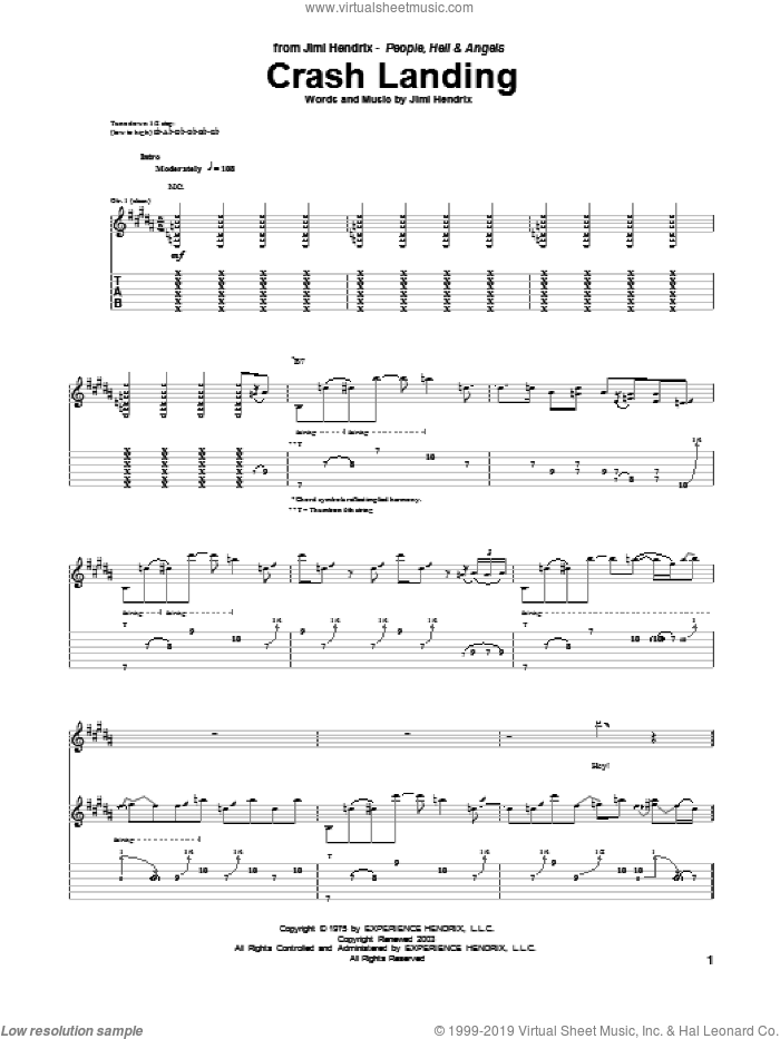 Crash Landing sheet music for guitar (tablature) by Jimi Hendrix, intermediate skill level
