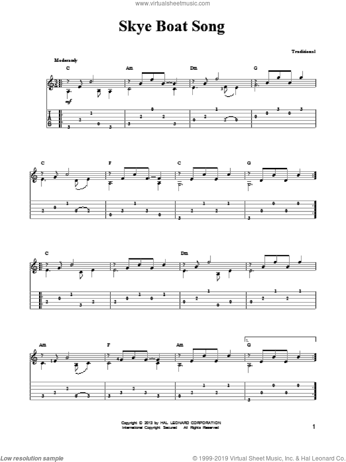 The Skye Boat Song (arr. Mark Phillips) sheet music for guitar solo (easy tablature) by Mark Phillips and Miscellaneous, easy guitar (easy tablature)