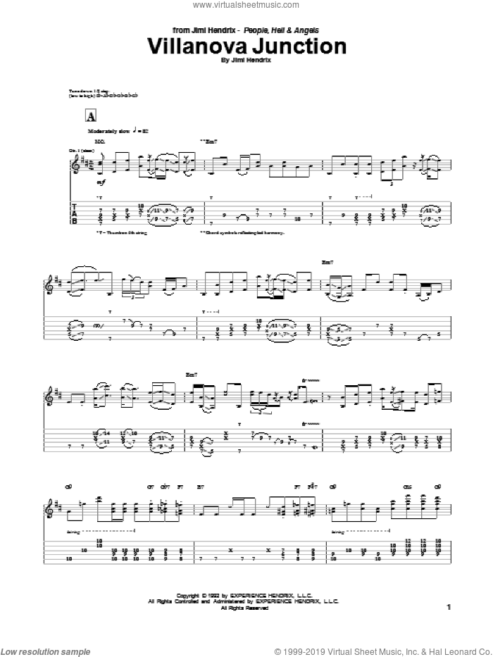 Villanova Junction sheet music for guitar (tablature) by Jimi Hendrix, intermediate skill level