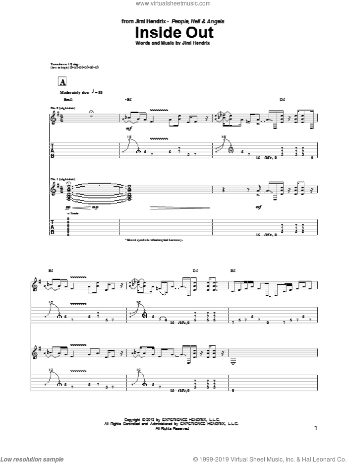 Inside Out sheet music for guitar (tablature) by Jimi Hendrix, intermediate skill level