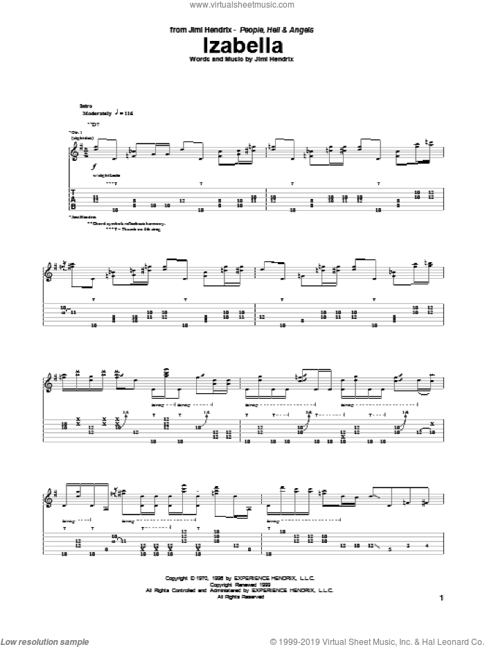 Izabella sheet music for guitar (tablature) by Jimi Hendrix, intermediate skill level