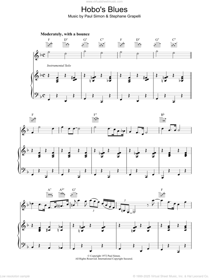 Hobo's Blues sheet music for voice, piano or guitar by Paul Simon and Stephane Grappelli, intermediate skill level