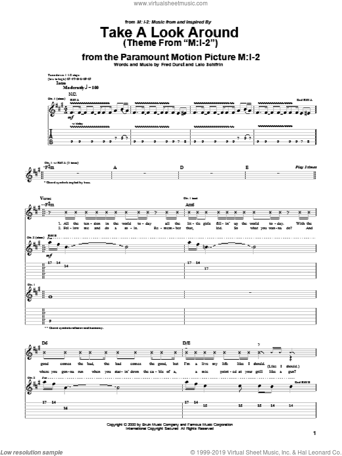 Take A Look Around (Theme From 'M:I-2') sheet music for guitar (tablature) by Limp Bizkit, Fred Durst and Lalo Schifrin, intermediate skill level