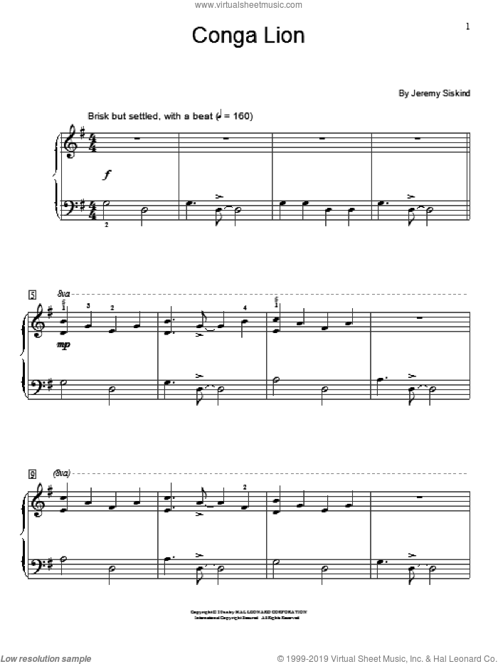 Conga Lion sheet music for piano solo (elementary) by Jeremy Siskind, classical score, beginner piano (elementary)