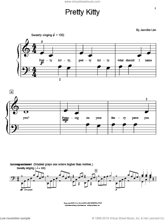 Pretty Kitty sheet music for piano solo (elementary) by Jennifer Linn, classical score, beginner piano (elementary)