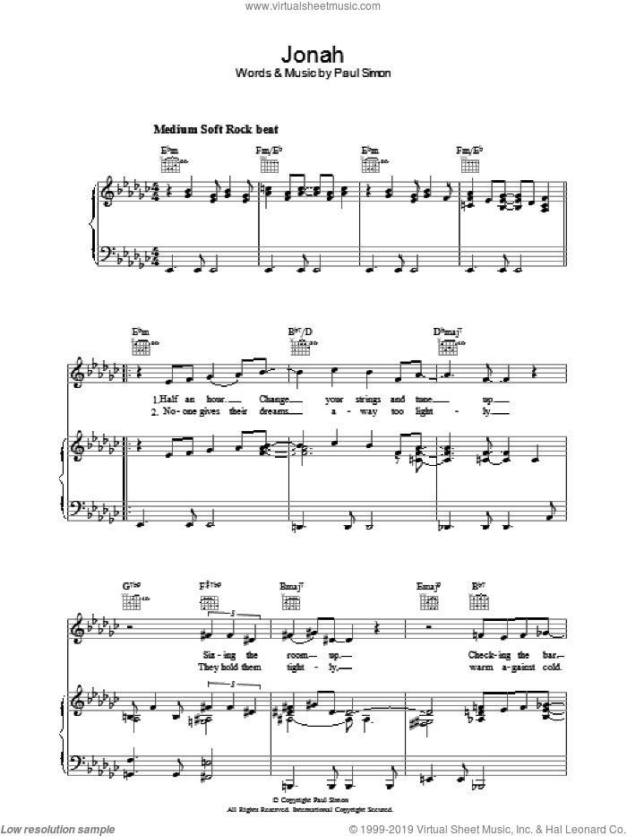 Jonah sheet music for voice, piano or guitar by Paul Simon, intermediate skill level