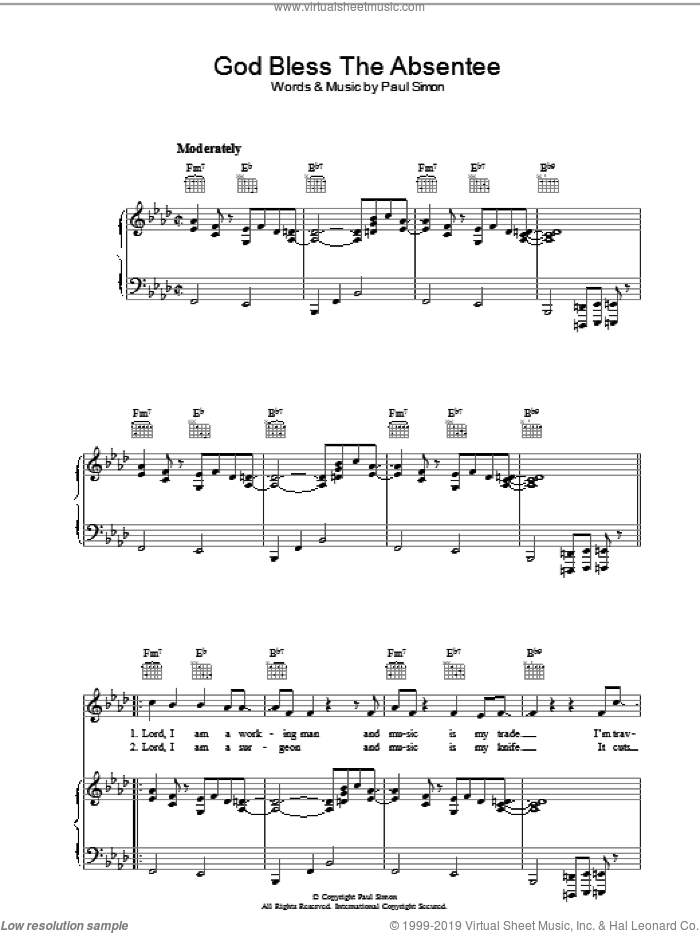 God Bless The Absentee sheet music for voice, piano or guitar by Paul Simon, intermediate skill level