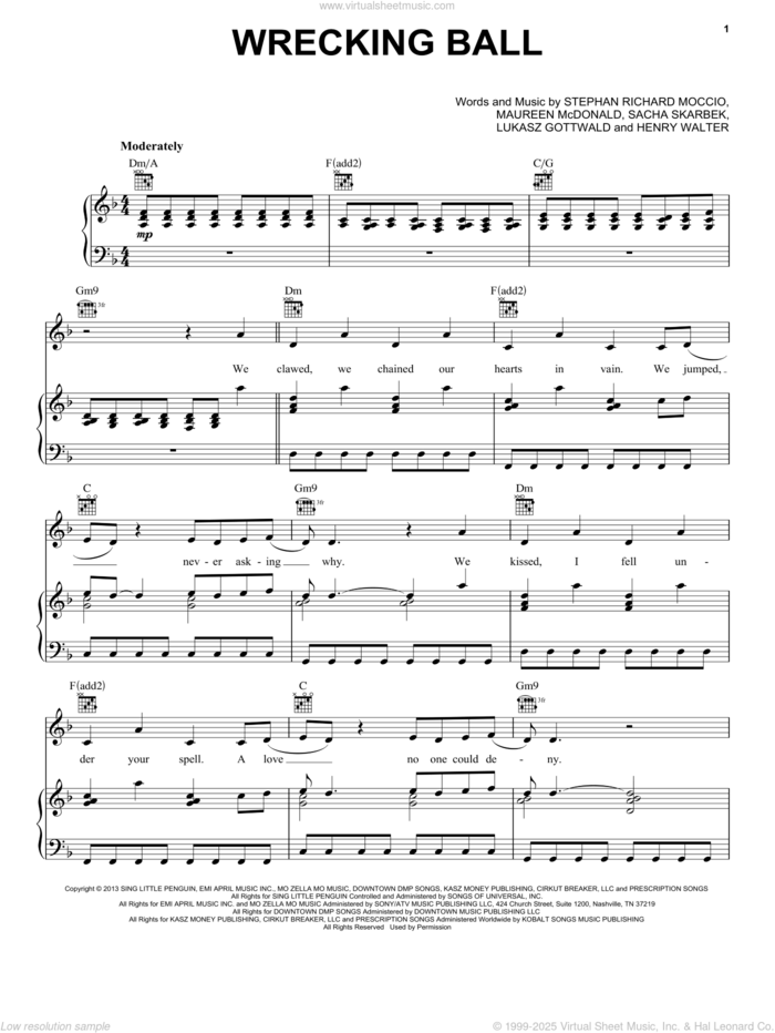 Wrecking Ball sheet music for voice, piano or guitar by Miley Cyrus, intermediate skill level