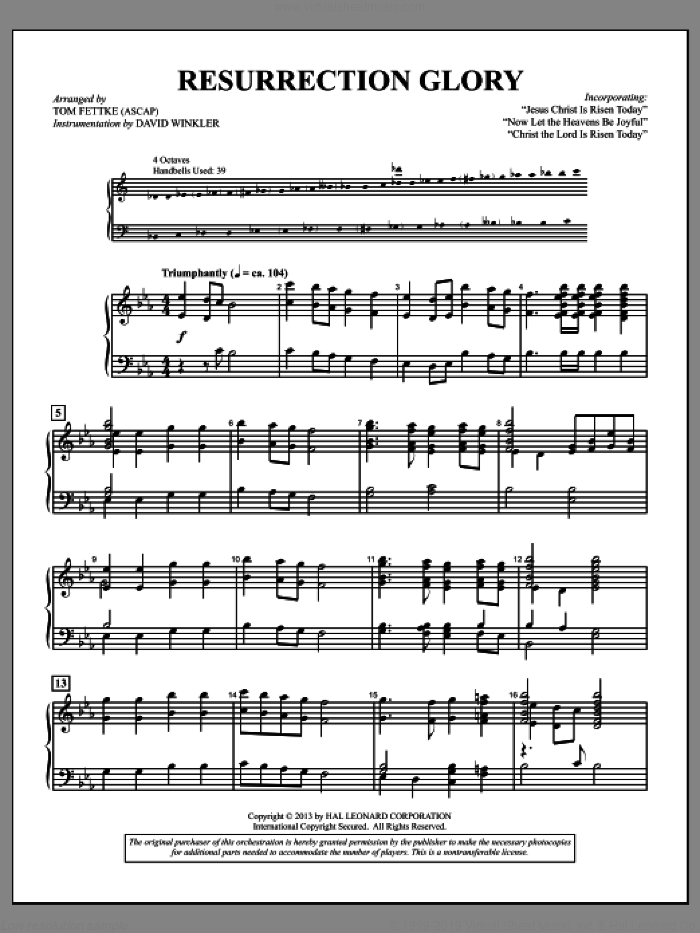 Resurrection Glory sheet music for percussions (handbells) by Tom Fettke, intermediate skill level