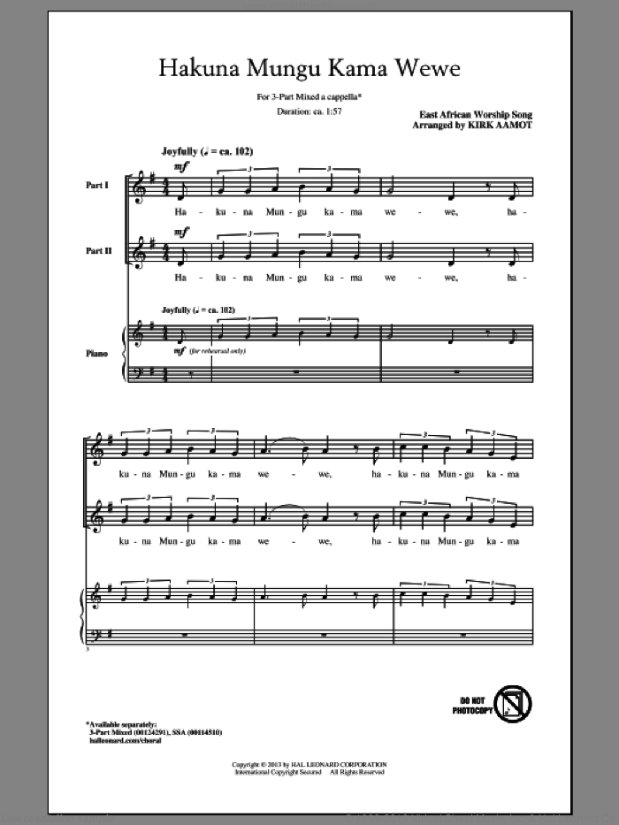 Hakuna Mungu Kama Wewe sheet music for choir (3-Part Mixed) by Kirk Aamot, intermediate skill level