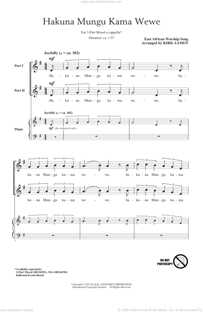 Hakuna Mungu Kama Wewe sheet music for choir (3-Part Mixed) by Kirk Aamot, intermediate skill level