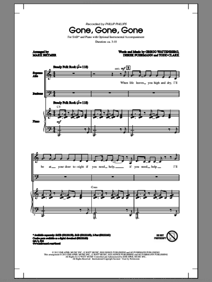 Gone, Gone, Gone sheet music for choir (SAB: soprano, alto, bass) by Phillip Phillips and Mark Brymer, intermediate skill level