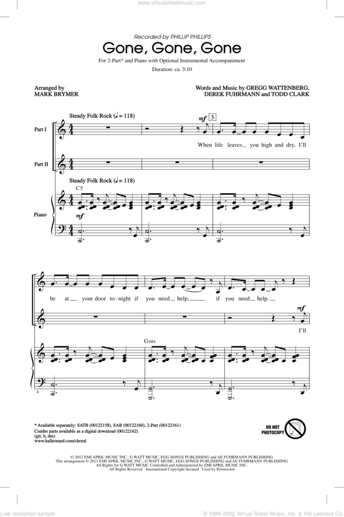 Gone, Gone, Gone sheet music for choir (2-Part) by Phillip Phillips and Mark Brymer, intermediate duet