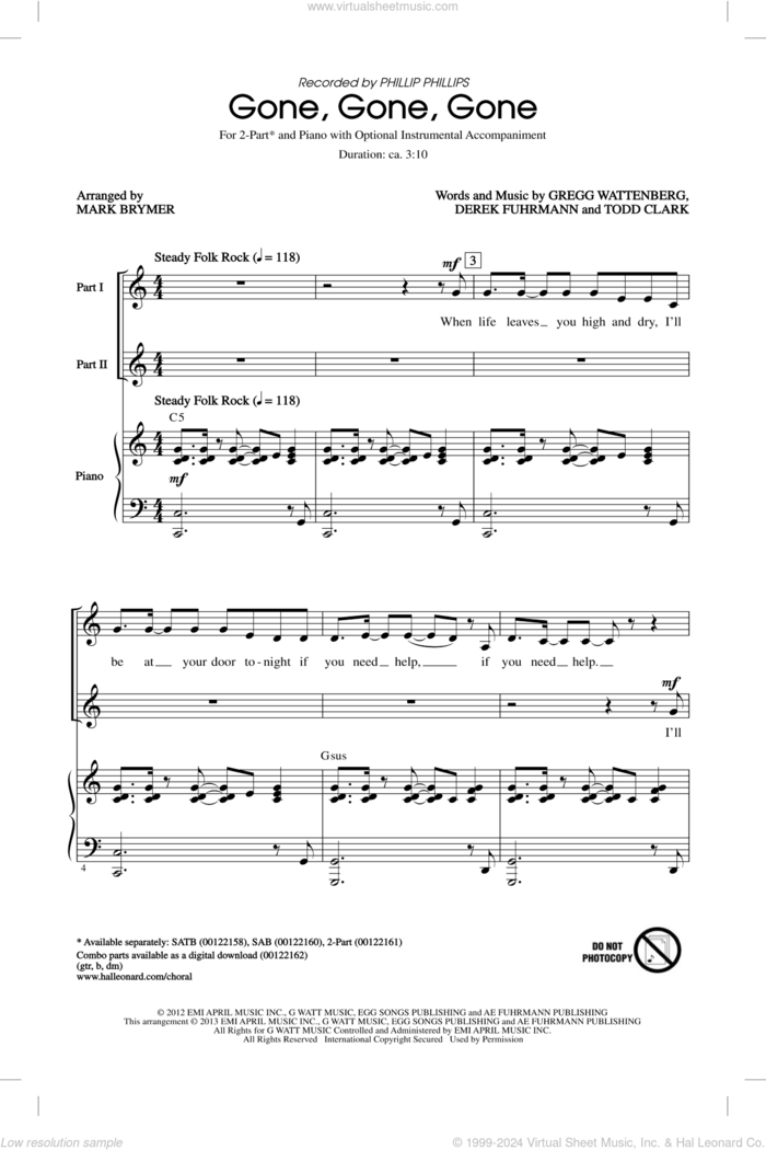 Gone, Gone, Gone sheet music for choir (2-Part) by Phillip Phillips and Mark Brymer, intermediate duet