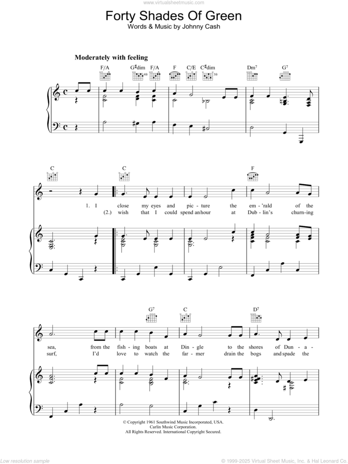 Forty Shades Of Green sheet music for voice, piano or guitar by Johnny Cash, intermediate skill level