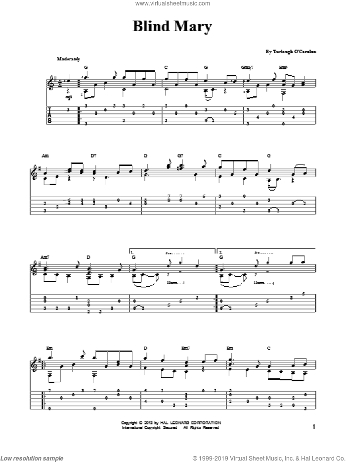 Blind Mary (arr. Mark Phillips) sheet music for guitar solo (easy tablature) by Turlough O'Carolan and Mark Phillips, easy guitar (easy tablature)