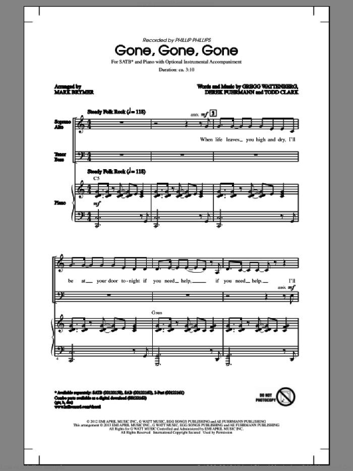 Gone, Gone, Gone sheet music for choir (SATB: soprano, alto, tenor, bass) by Phillip Phillips and Mark Brymer, intermediate skill level