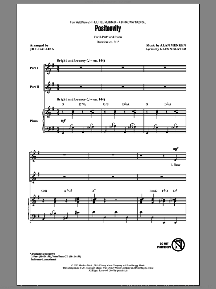 Positoovity sheet music for choir (2-Part) by Alan Menken, Glenn Slater and Jill Gallina, intermediate duet