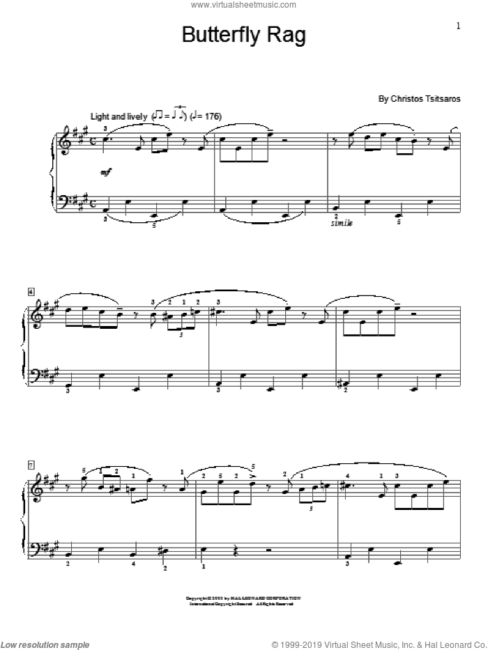 Butterfly Rag sheet music for piano solo (elementary) by Christos Tsitsaros, beginner piano (elementary)