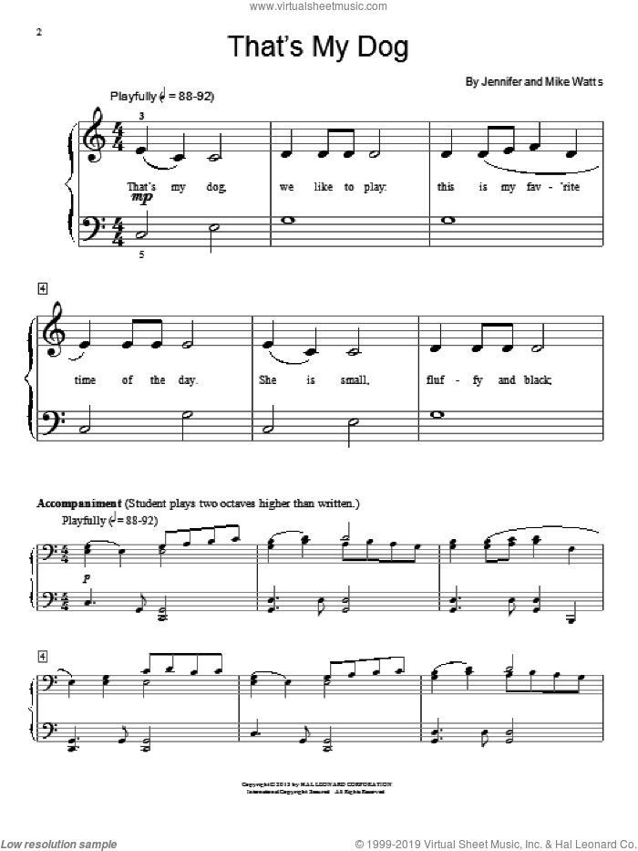 That's My Dog sheet music for piano solo (elementary) by Jennifer Watts and Mike Watts, classical score, beginner piano (elementary)
