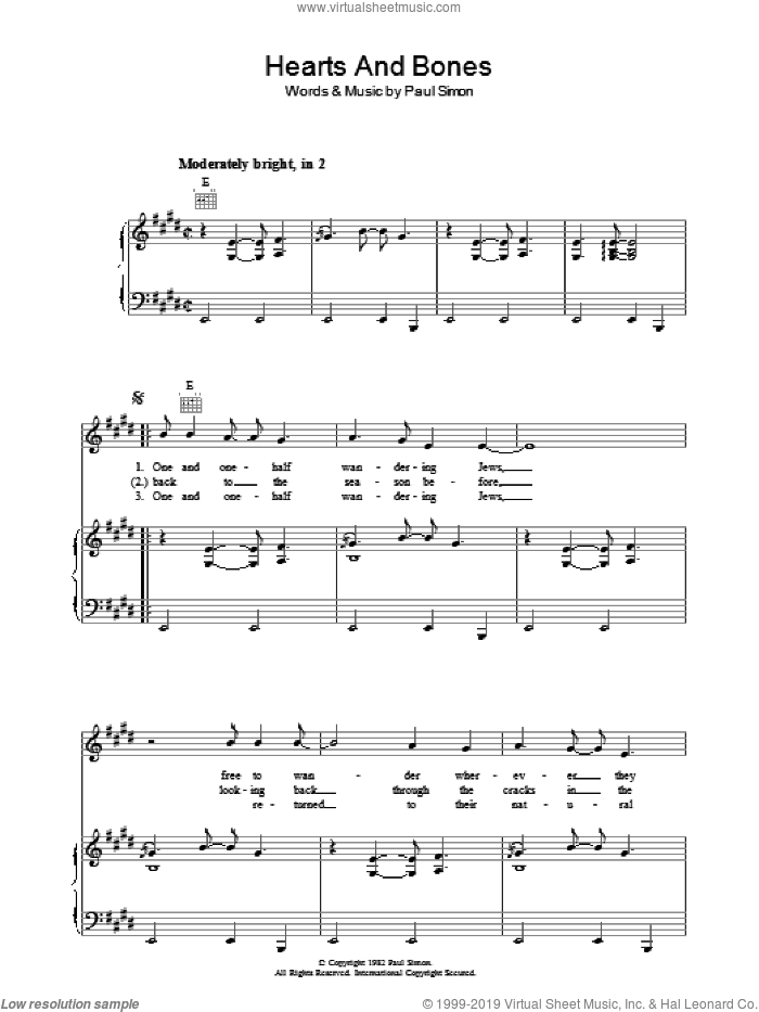Hearts And Bones sheet music for voice, piano or guitar by Paul Simon, intermediate skill level