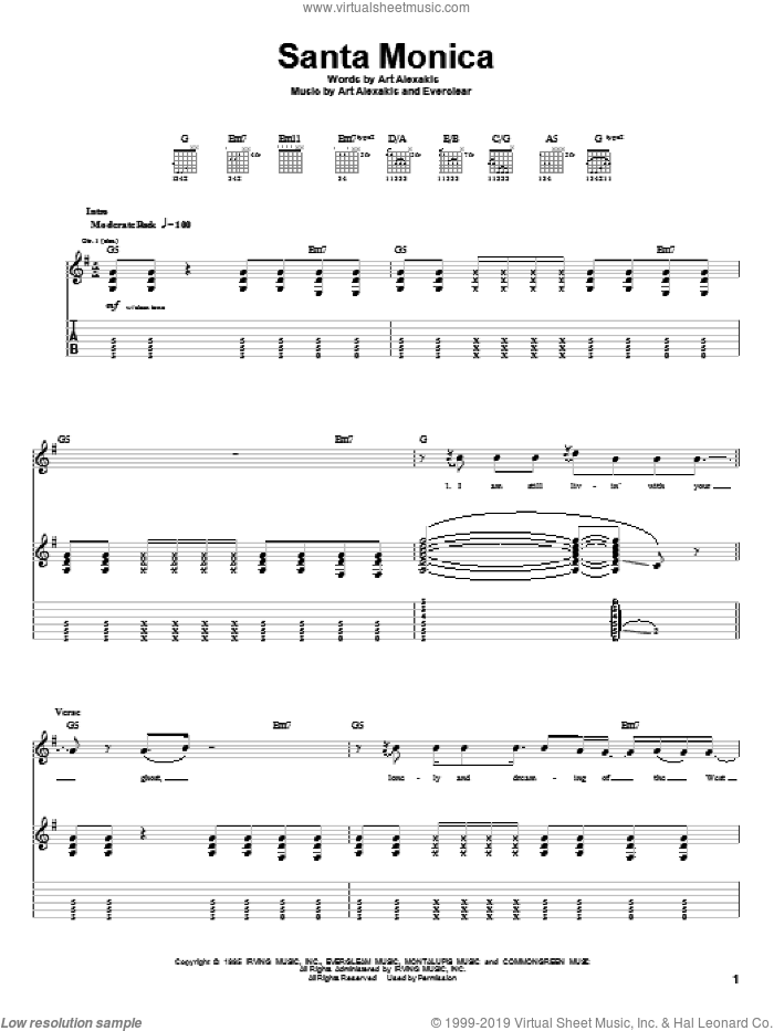 Santa Monica sheet music for guitar (tablature) by Everclear and Art Alexakis, intermediate skill level
