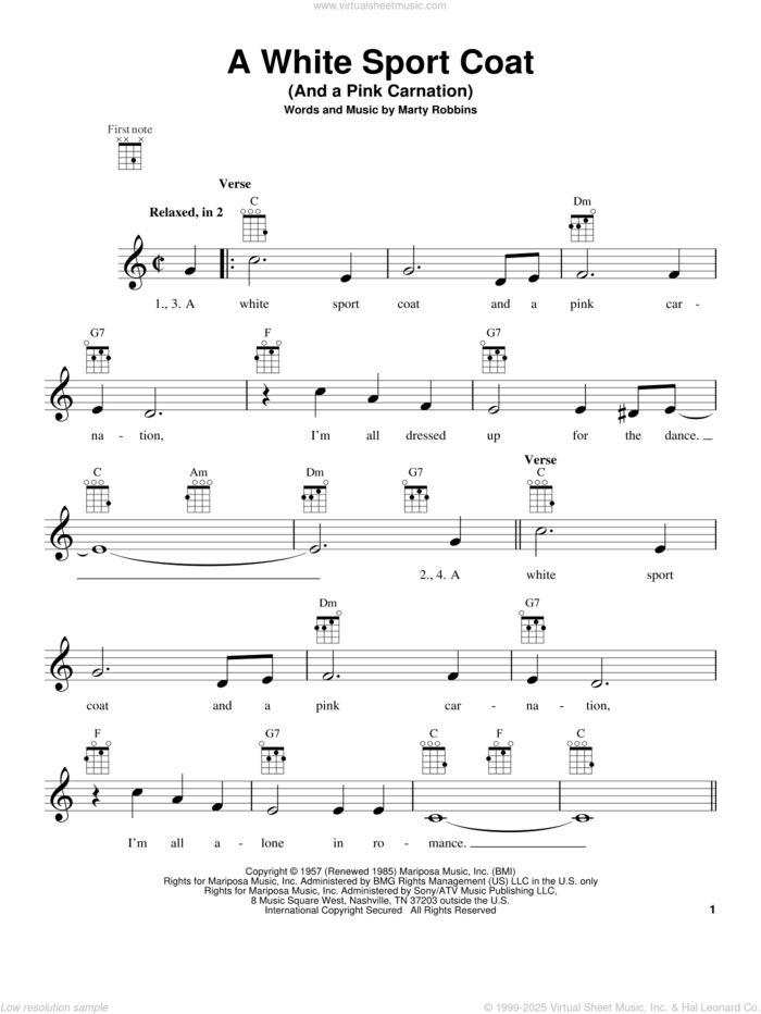 A White Sport Coat (And A Pink Carnation) sheet music for ukulele by Marty Robbins, intermediate skill level