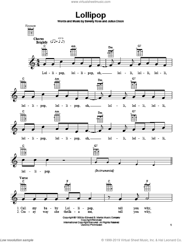 Lollipop sheet music for ukulele by The Chordettes, intermediate skill level