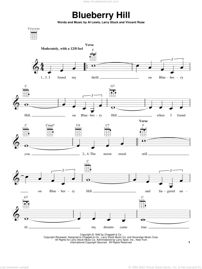 Blueberry Hill sheet music for ukulele by Fats Domino, intermediate skill level