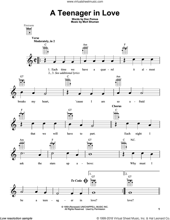 A Teenager In Love sheet music for ukulele by Dion & The Belmonts, intermediate skill level