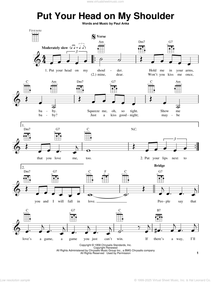 Put Your Head On My Shoulder sheet music for ukulele by Paul Anka, intermediate skill level