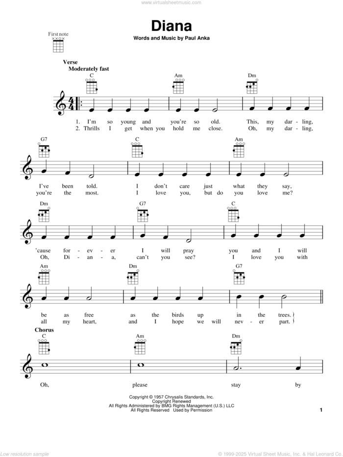 Diana sheet music for ukulele by Paul Anka, intermediate skill level