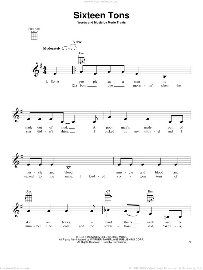 Sixteen Tons sheet music for ukulele by Tennessee Ernie Ford and Merle Travis, intermediate skill level