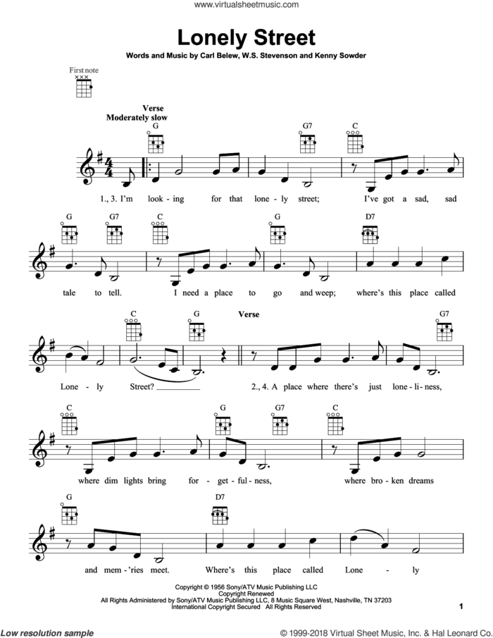 Lonely Street sheet music for ukulele by Andy Williams, intermediate skill level