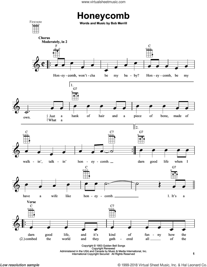 Honeycomb sheet music for ukulele by Jimmie Rodgers and Bob Merrill, intermediate skill level