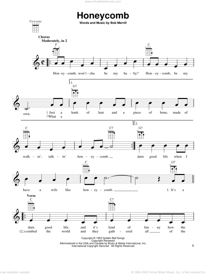 Honeycomb sheet music for ukulele by Jimmie Rodgers and Bob Merrill, intermediate skill level